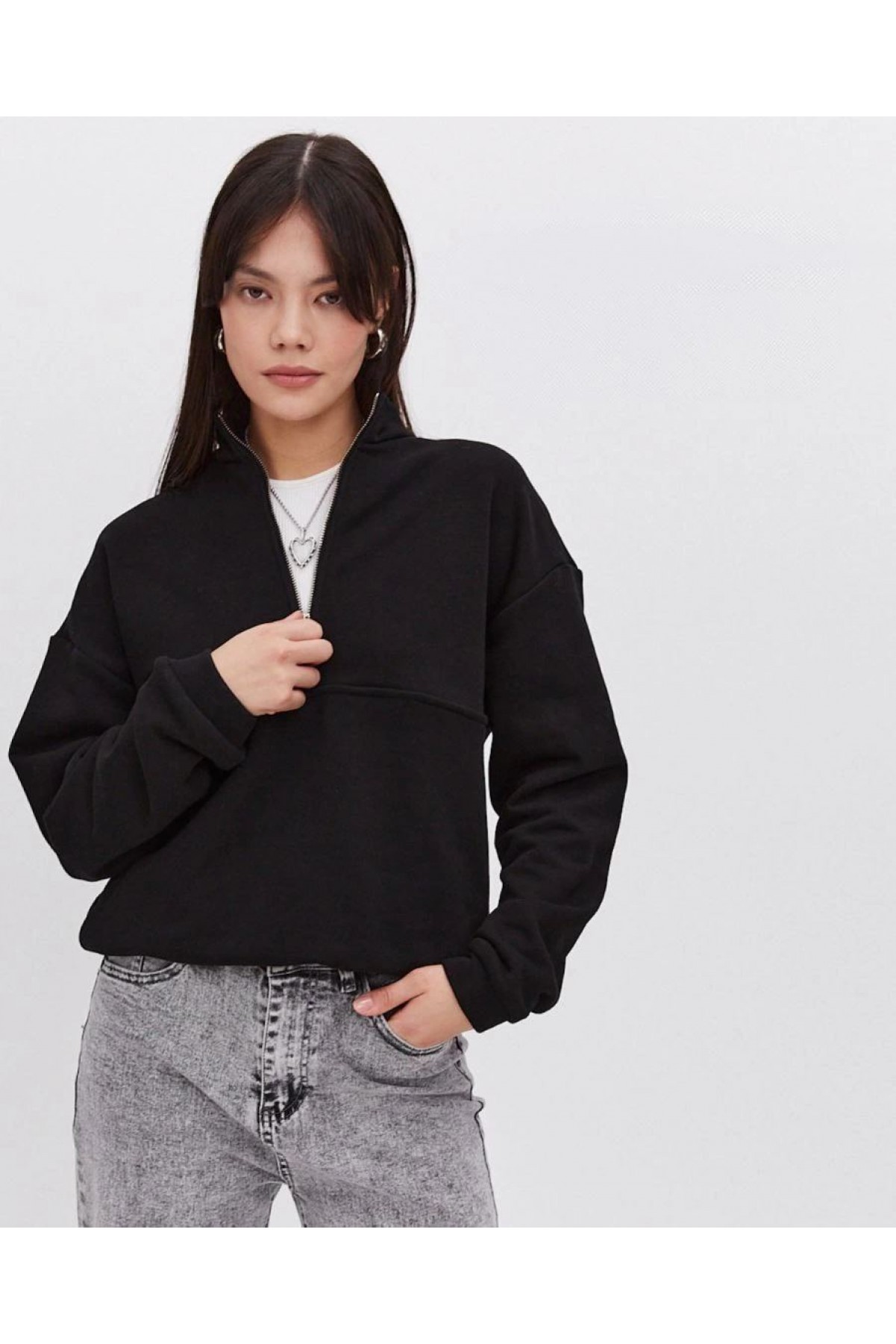 Kadın 3 İplik Pamuklu Oversize Yarım Fermuarlı Yakalı Basic Sweatshirt - Siyah