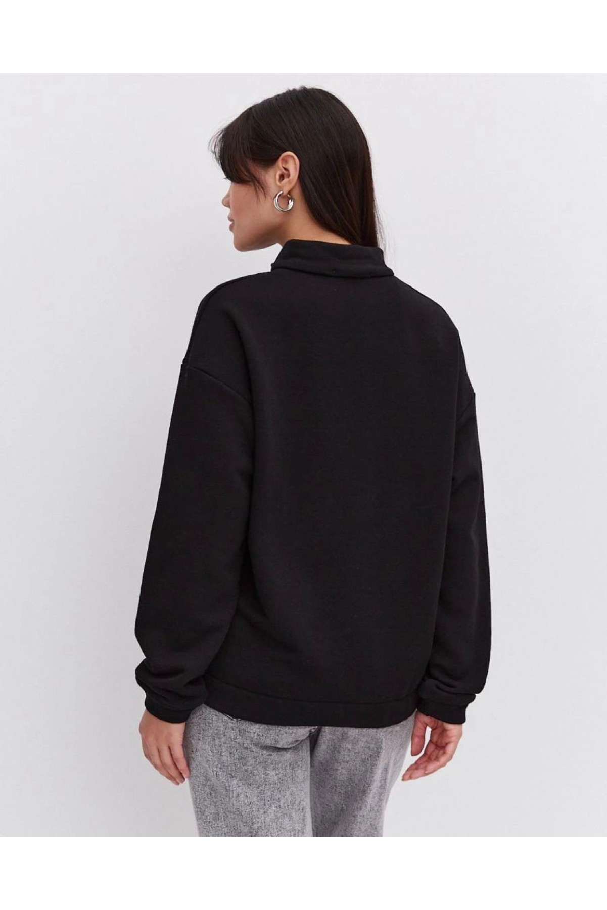 Kadın 3 İplik Pamuklu Oversize Yarım Fermuarlı Yakalı Basic Sweatshirt - Siyah