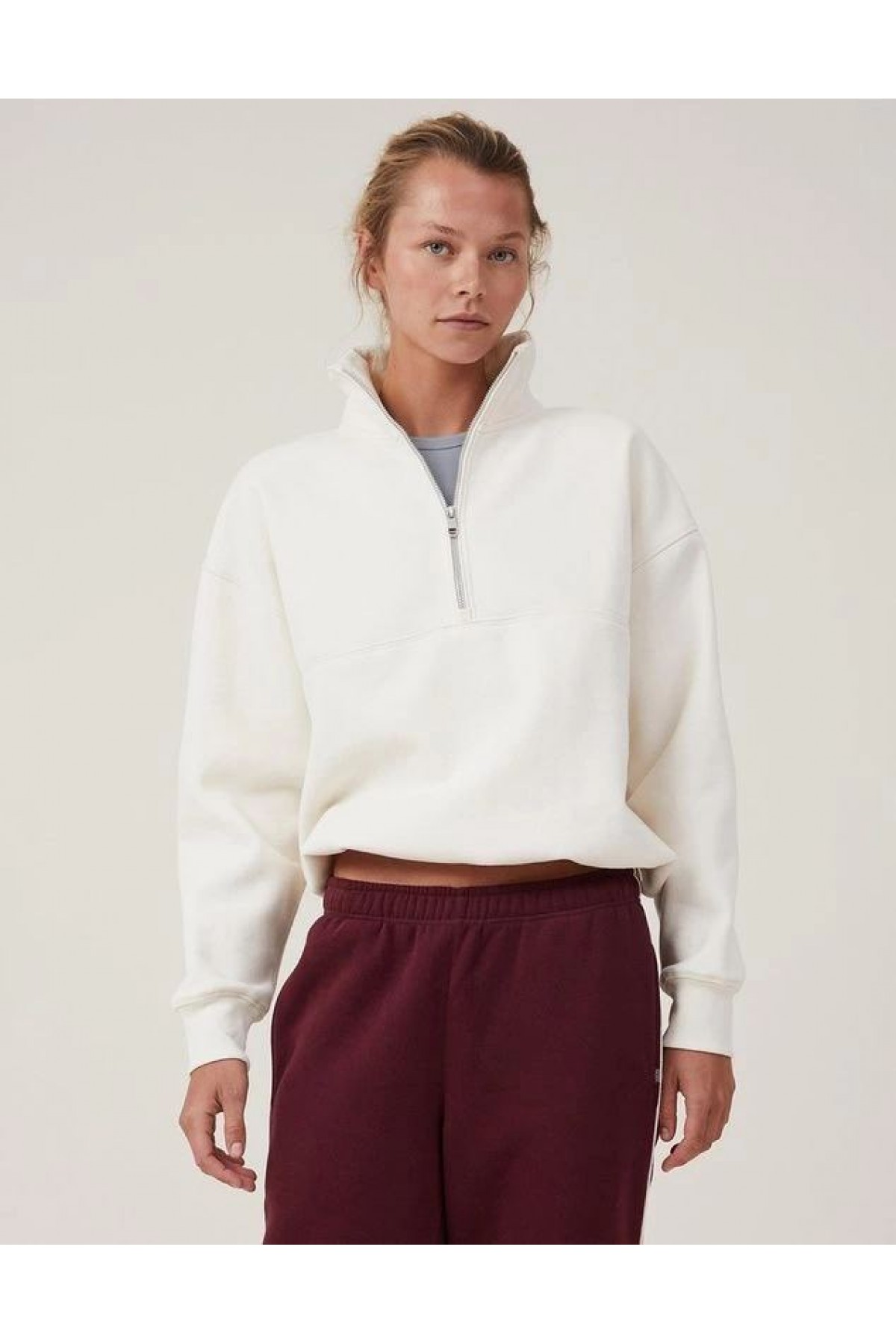 Kadın 3 İplik Pamuklu Oversize Yarım Fermuarlı Yakalı Basic Sweatshirt - Beyaz