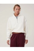Kadın 3 İplik Pamuklu Oversize Yarım Fermuarlı Yakalı Basic Sweatshirt - Beyaz