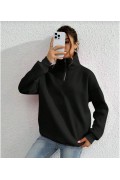 Kadın 3 iplik Pamuklu Uzun Kol Yarım Farmuarlı Yakalı SweatShirt - Siyah