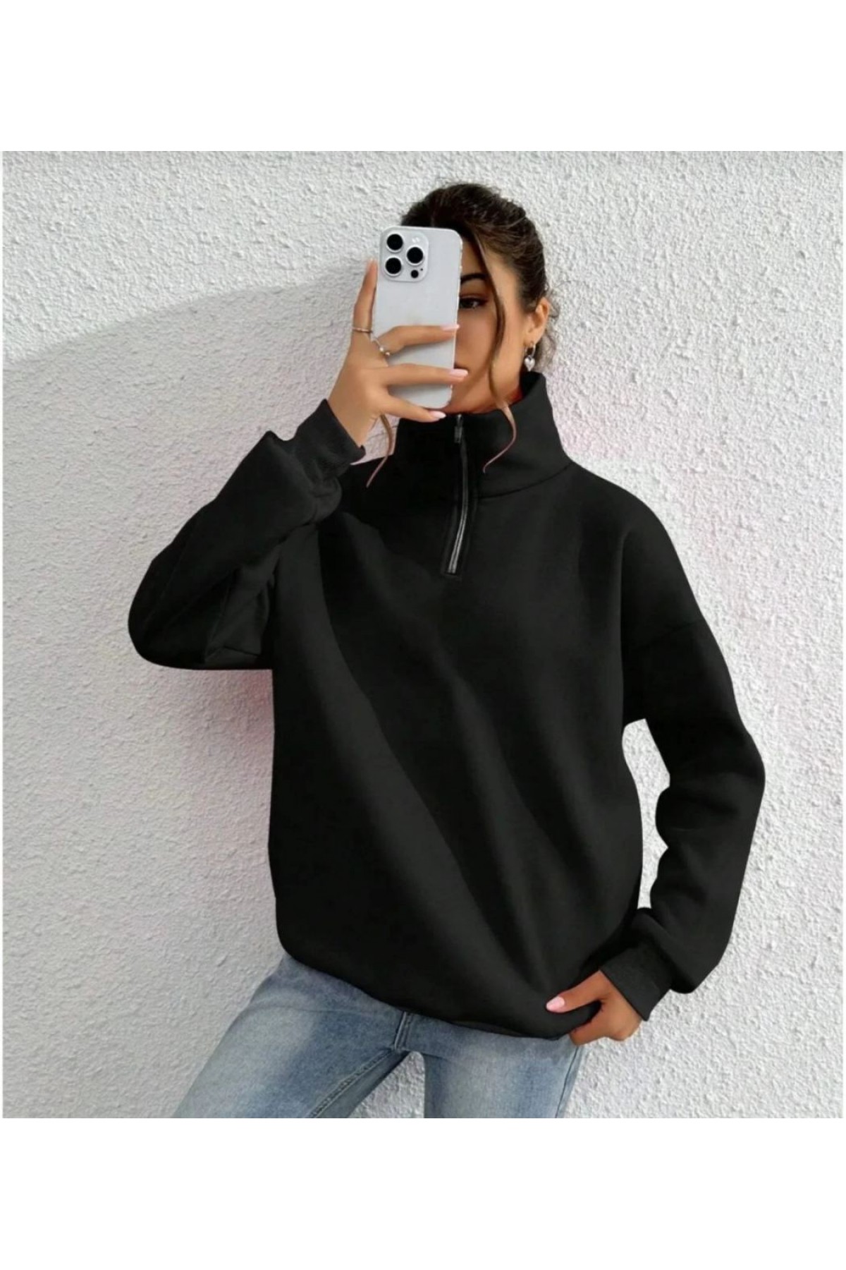 Kadın 3 iplik Pamuklu Uzun Kol Yarım Farmuarlı Yakalı SweatShirt - Siyah