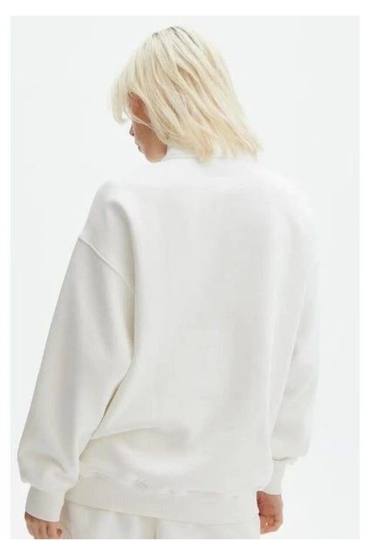Kadın 3 İplik Pamuklu Oversize Yarım Fermuarlı Yakalı Basic Sweatshirt - Beyaz