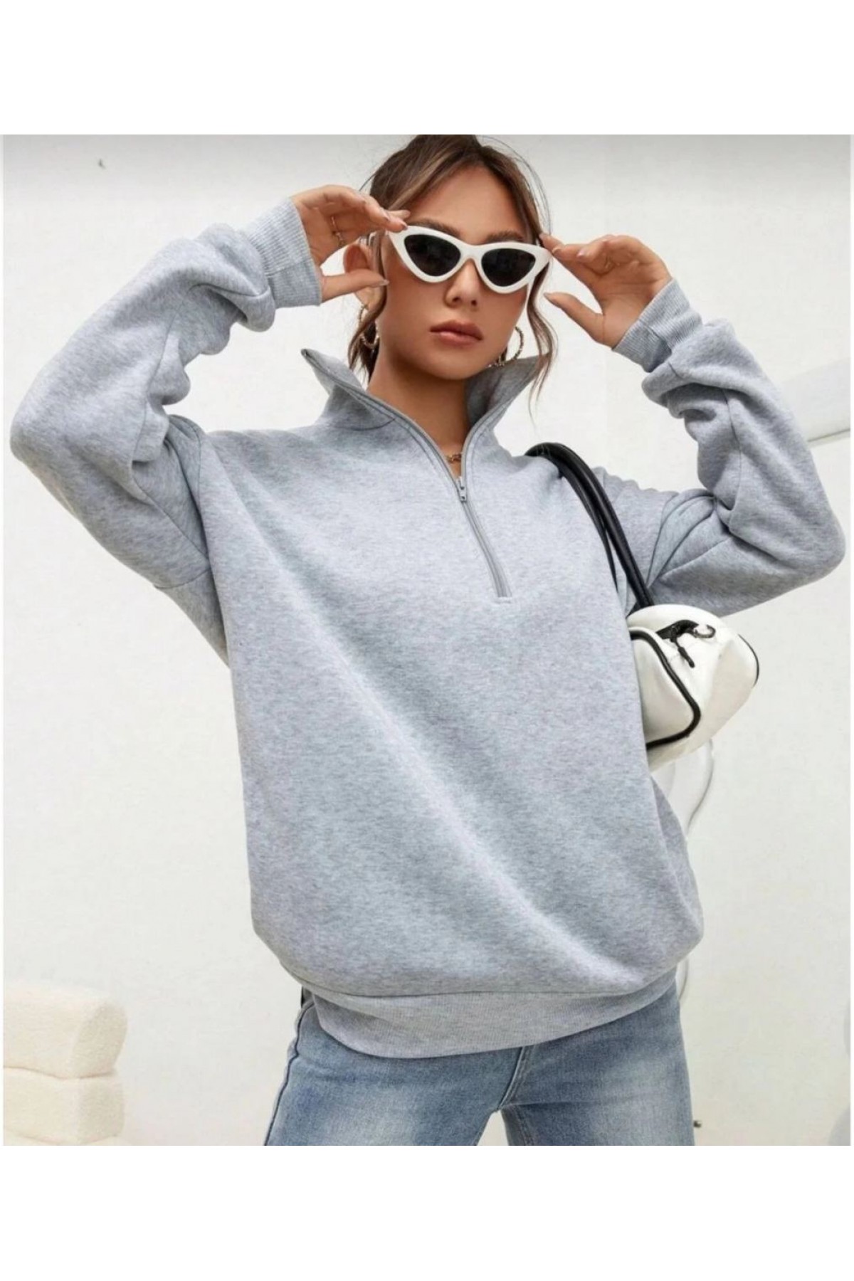 Kadın 3 iplik Pamuklu Uzun Kol Yarım Farmuarlı Yakalı  SweatShirt - Gri