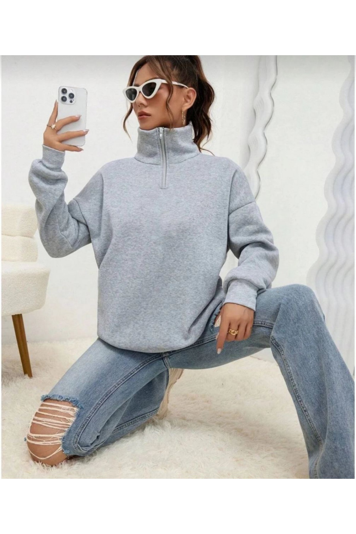 Kadın 3 iplik Pamuklu Uzun Kol Yarım Farmuarlı Yakalı  SweatShirt - Gri