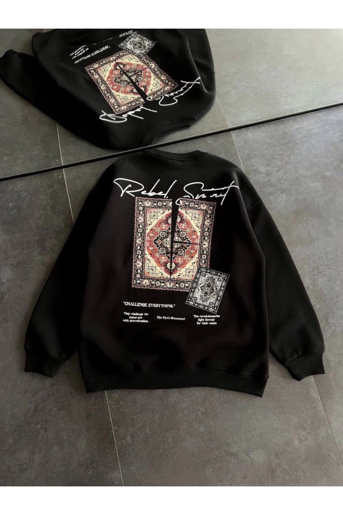 Kadın Bisiklet Yaka Kilim Halı Baskılı 3 İplik Pamuklu Sweatshirt - Siyah