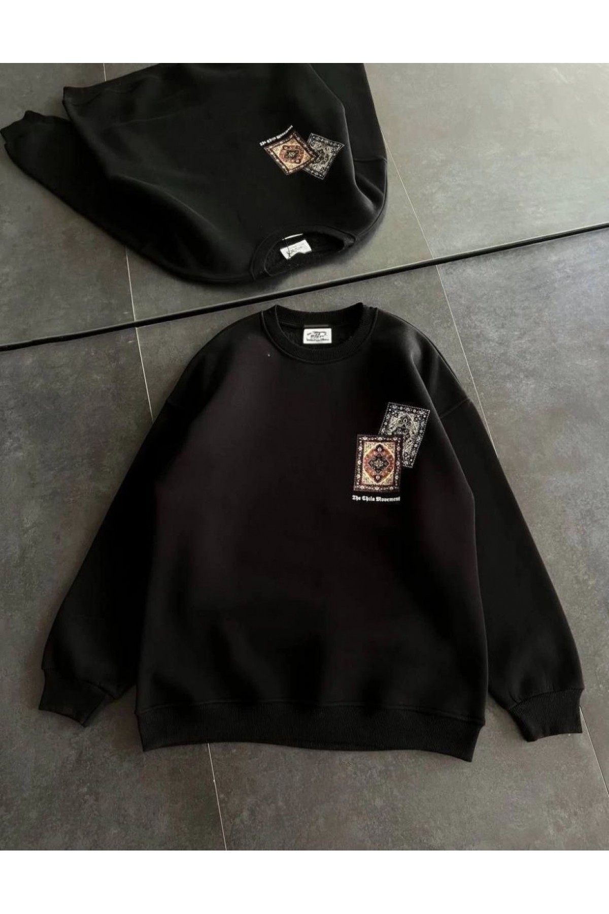 Kadın Bisiklet Yaka Kilim Halı Baskılı 3 İplik Pamuklu Sweatshirt - Siyah