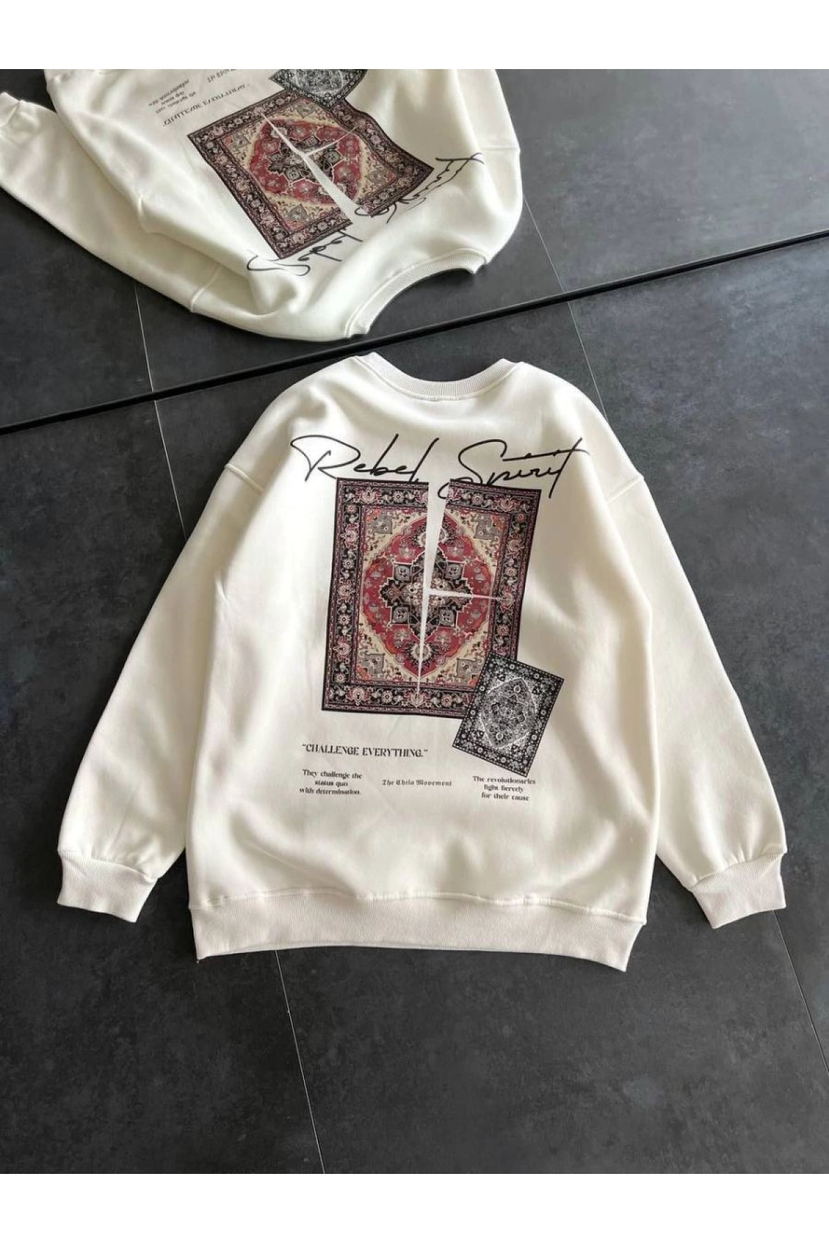 Kadın Bisiklet Yaka Kilim Halı Baskılı 3 İplik Pamuklu Sweatshirt - Beyaz