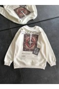 Kadın Bisiklet Yaka Kilim Halı Baskılı 3 İplik Pamuklu Sweatshirt - Beyaz