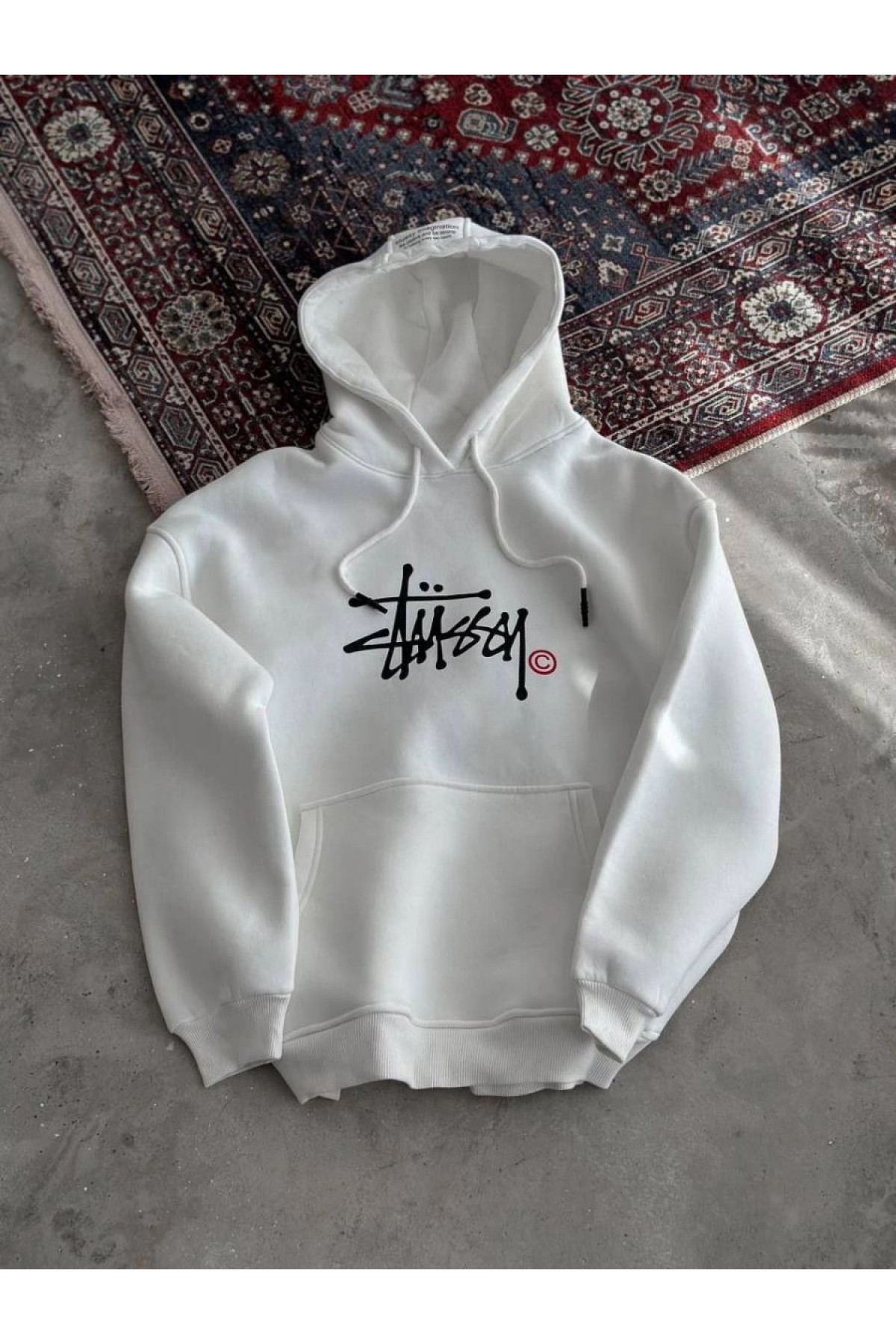 Kadın Oversize Kapüşonlu Cepli Baskılı 3 İplik Pamuklu Hoodie Sweatshirt - Beyaz