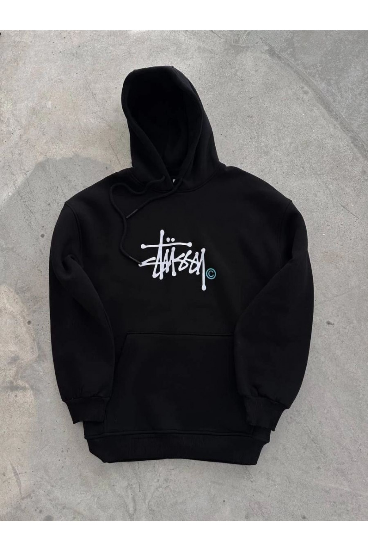 Kadın Oversize Kapüşonlu Cepli Baskılı 3 İplik Pamuklu Hoodie Sweatshirt - Siyah