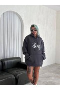 Kadın Oversize Kapüşonlu Cepli Baskılı 3 İplik Pamuklu Hoodie Sweatshirt - Füme