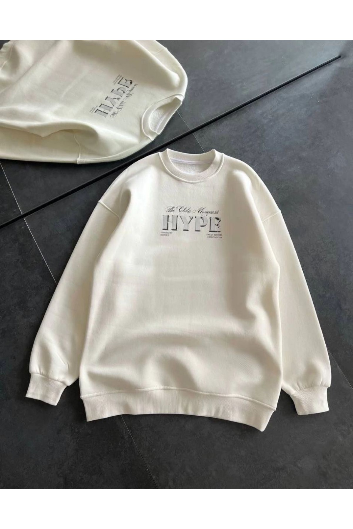 Kadın 3 İplik Pamuklu Bisiklet Yaka Baskılı SweatShirt - Beyaz