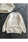 Kadın 3 İplik Pamuklu Bisiklet Yaka Baskılı SweatShirt - Beyaz