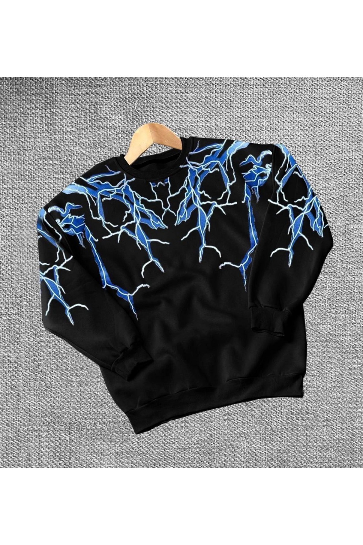 Kadın Yıldırım Baskılı Bisiklet Yaka 3 iplik pamuklu Sweatshirt - Siyah