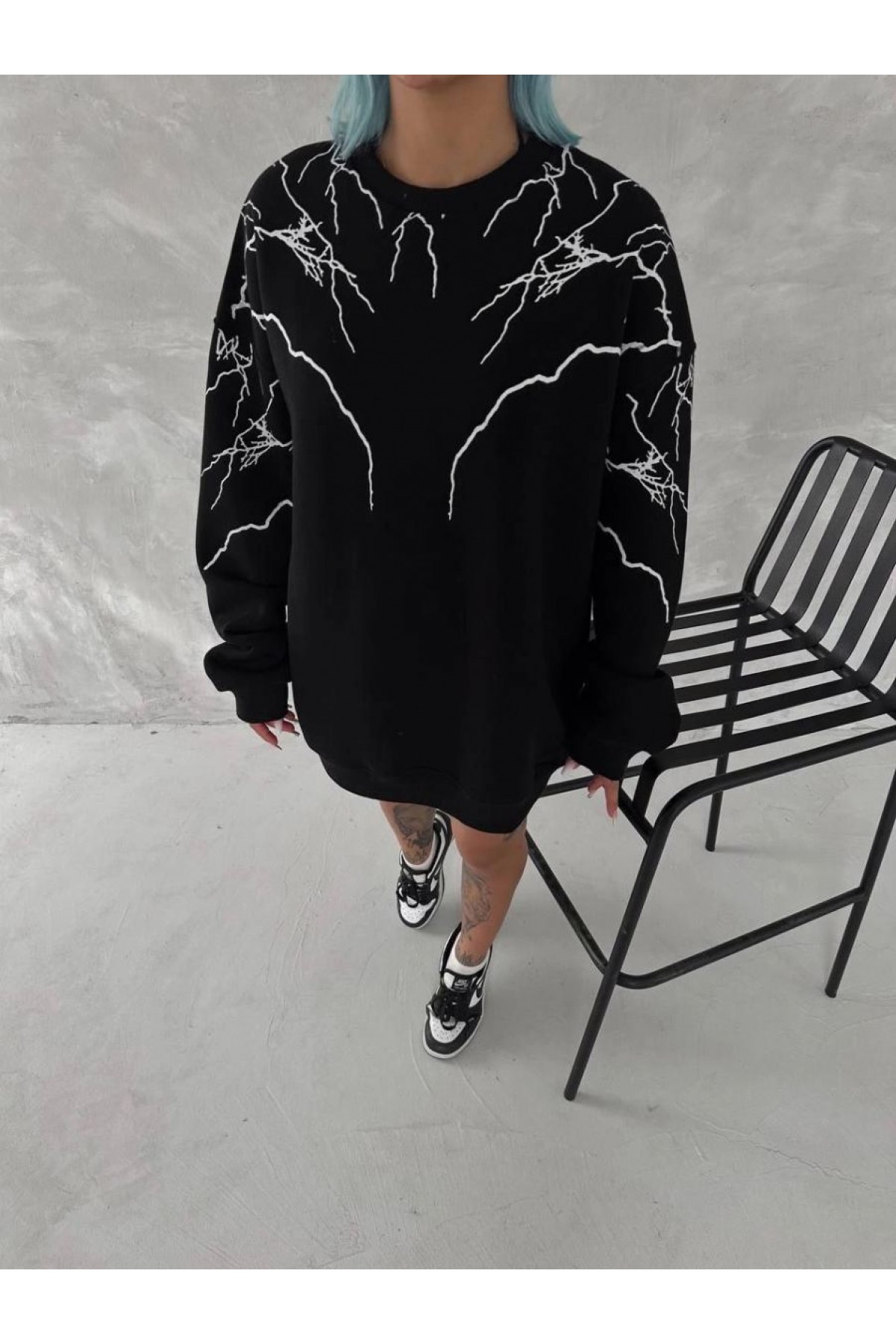 Kadın Yıldırım Baskılı Bisiklet Yaka 3 iplik pamuklu SweatShirt - Siyah