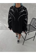 Kadın Yıldırım Baskılı Bisiklet Yaka 3 iplik pamuklu SweatShirt - Siyah