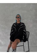 Kadın Yıldırım Baskılı Bisiklet Yaka 3 iplik pamuklu SweatShirt - Siyah