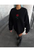 Kadın Oversize Kapüşonlu Cepli GÜL Baskılı 3 İplik Pamuklu Hoodie Sweatshirt - Siyah