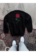 Kadın Oversize Kapüşonlu Cepli GÜL Baskılı 3 İplik Pamuklu Hoodie Sweatshirt - Siyah