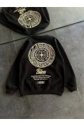 Kadın 3 iplik Pamuklu Bisiklet Yaka Baskılı SweatShirt - Siyah