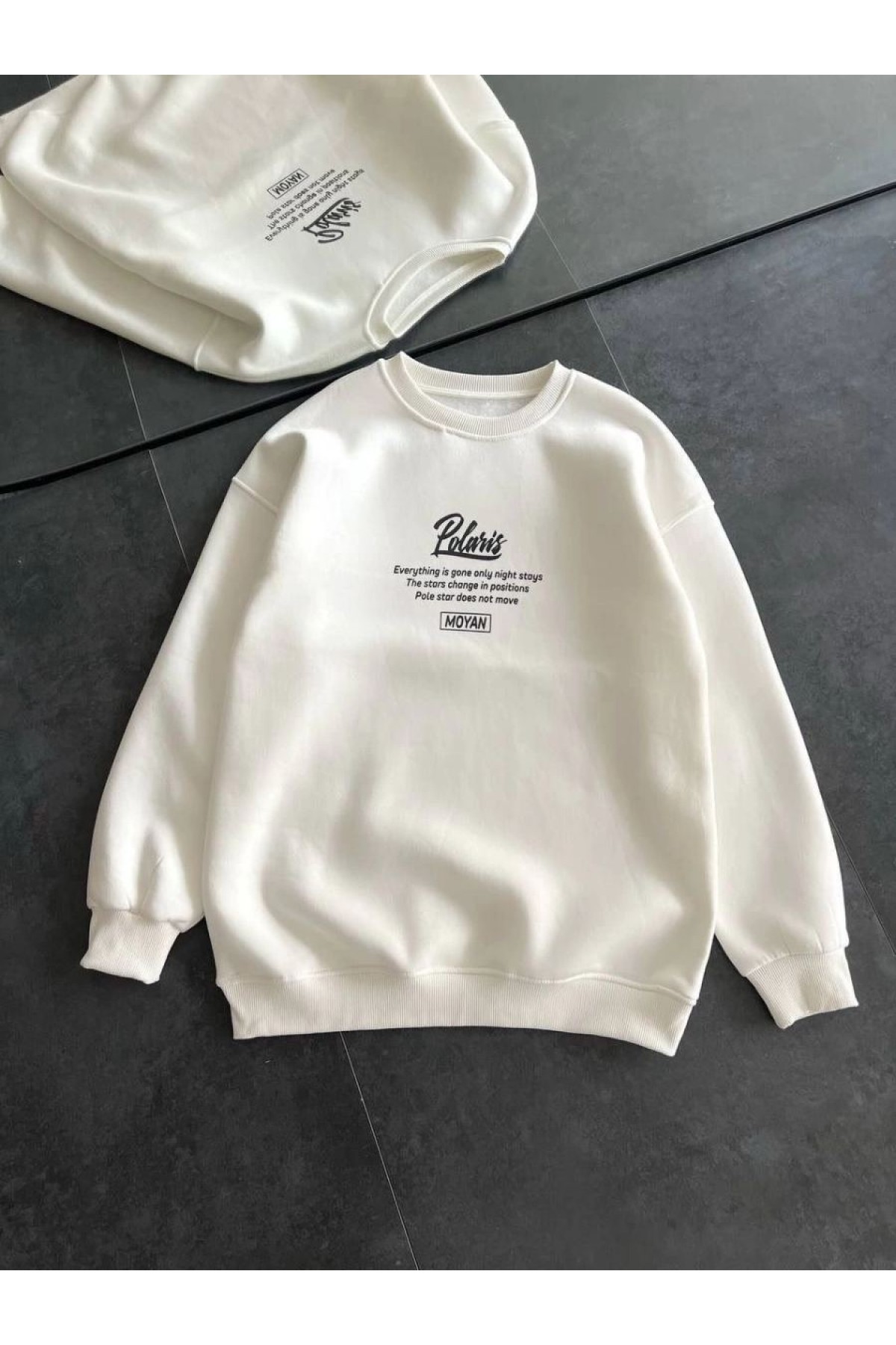 Kadın 3 iplik Pamuklu Bisiklet Yaka Baskılı SweatShirt - Beyaz