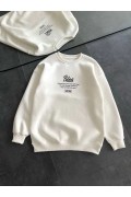 Kadın 3 iplik Pamuklu Bisiklet Yaka Baskılı SweatShirt - Beyaz