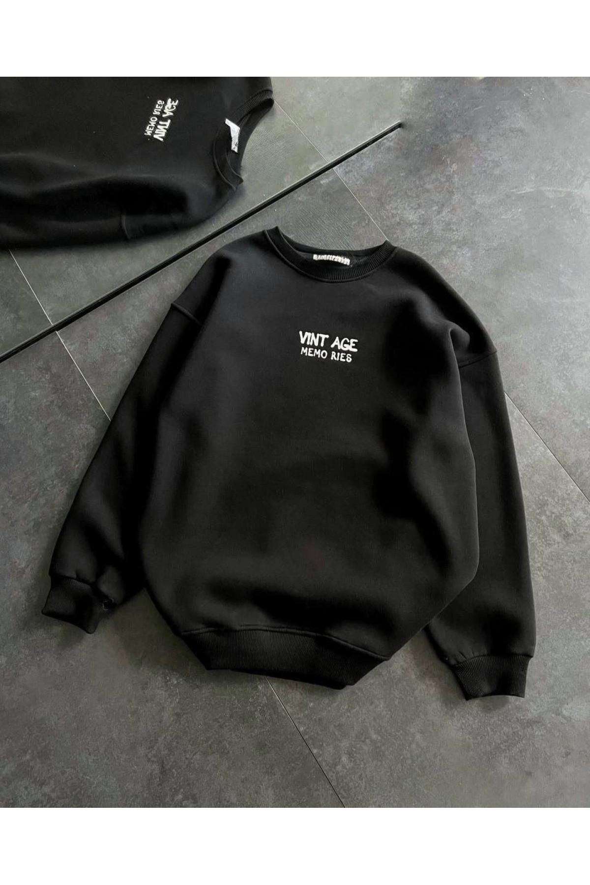 Kadın Bisiklet Yaka 3 İplik pamuklu Baskılı Oversize SweatShirt - Siyah