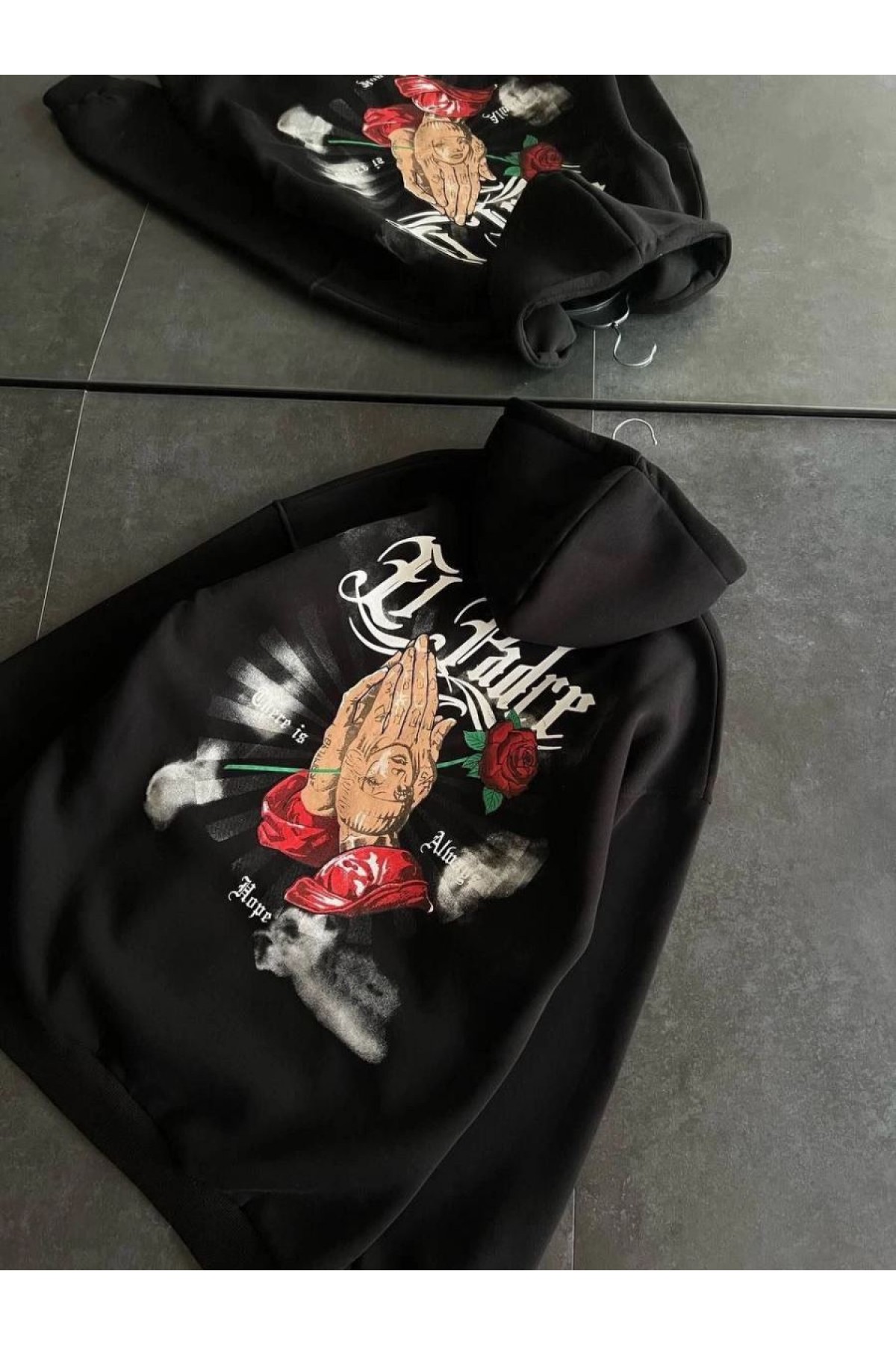 Kadın Oversize Kapüşonlu Cepli Baskılı 3 İplik Pamuklu Hoodie Sweatshirt - Siyah