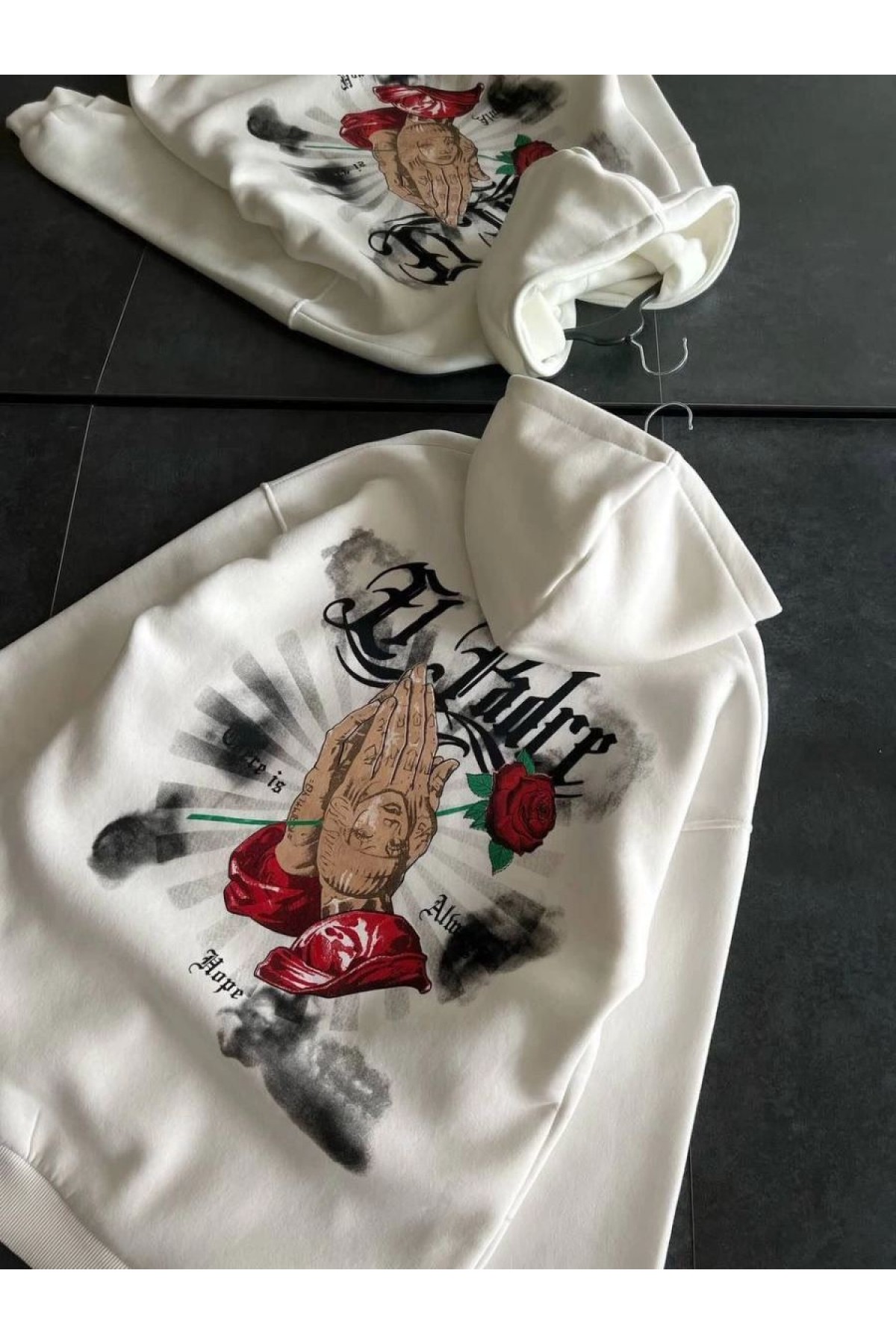 Kadın Oversize Kapüşonlu Cepli Baskılı 3 İplik Pamuklu Hoodie Sweatshirt - Beyaz