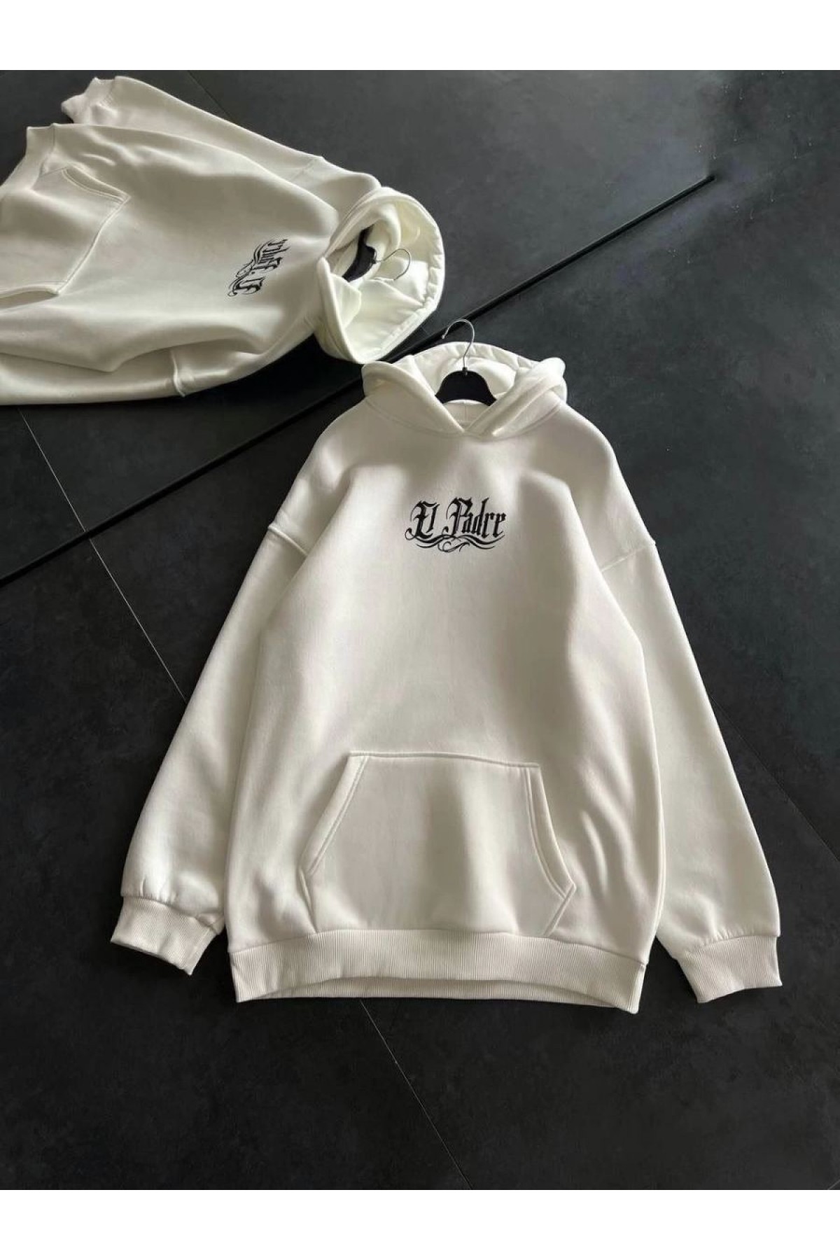 Kadın Oversize Kapüşonlu Cepli Baskılı 3 İplik Pamuklu Hoodie Sweatshirt - Beyaz