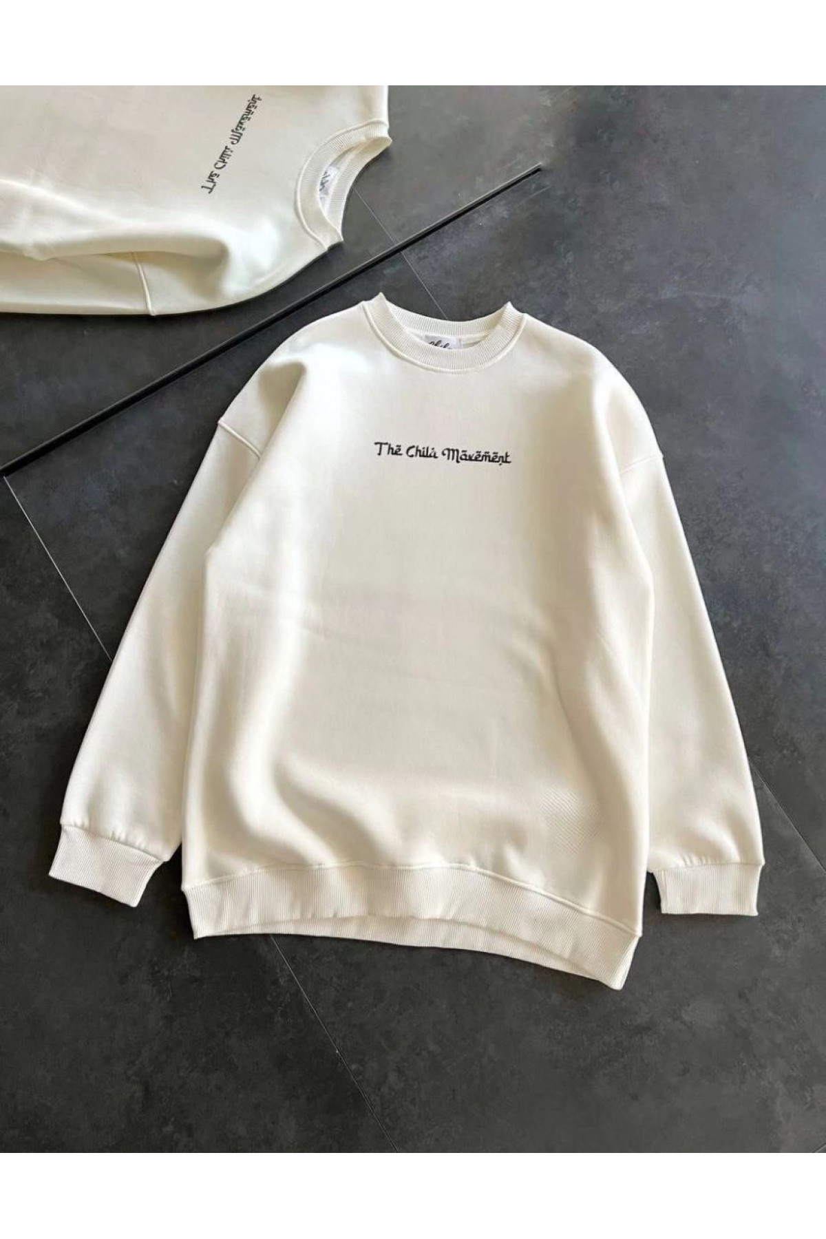 Kadın 3 İplik Pamuklu Bisiklet Yaka Baskılı SweatShirt - Beyaz