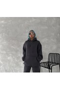 Kadın Kapüşonlu Kanguru Cepli 3 İplik Pamuklu Oversize Hoodie Sweatshirt - Füme