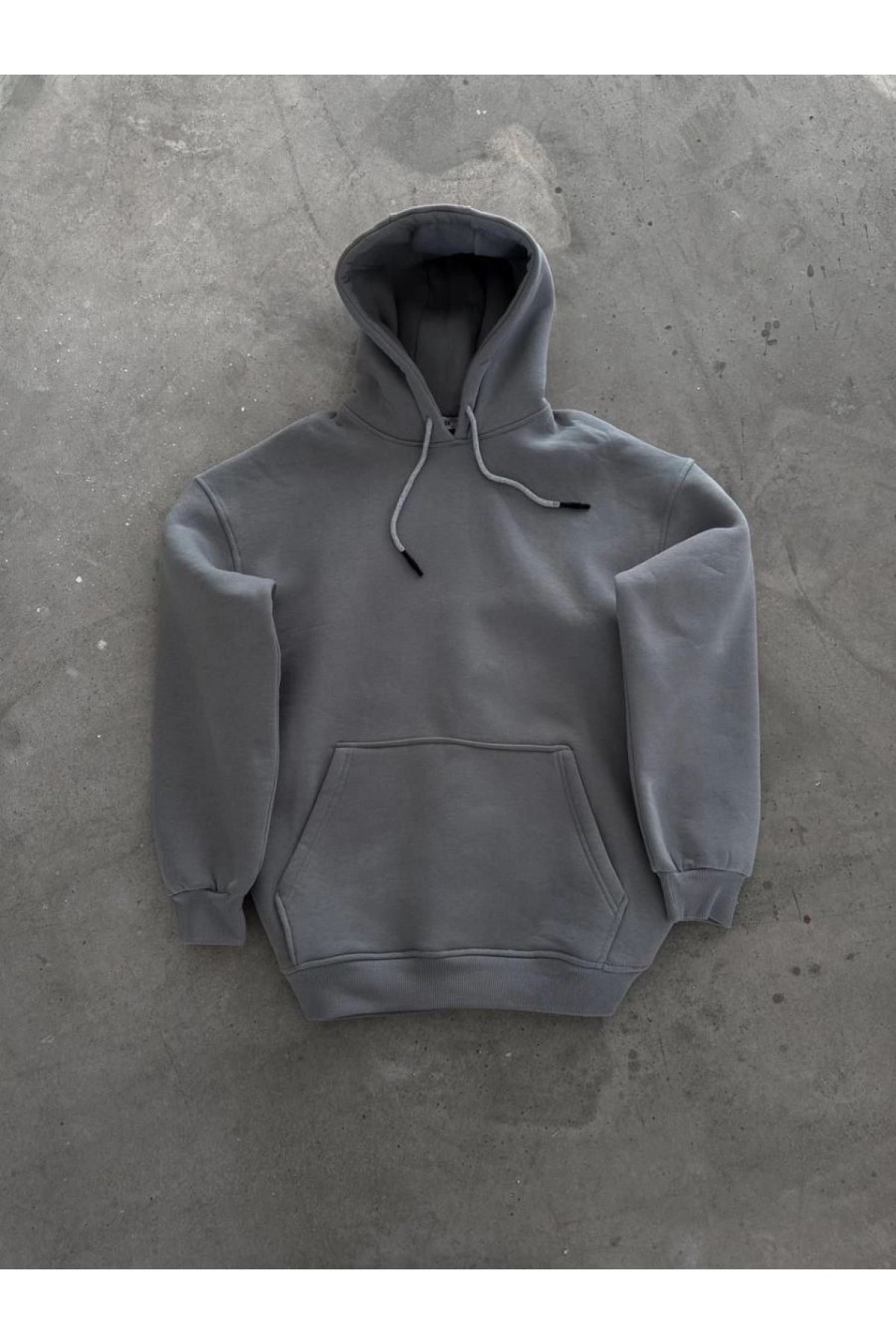 Kadın Kapüşonlu Kanguru Cepli 3 İplik Pamuklu Oversize Hoodie Sweatshirt -  Boyalı Gri