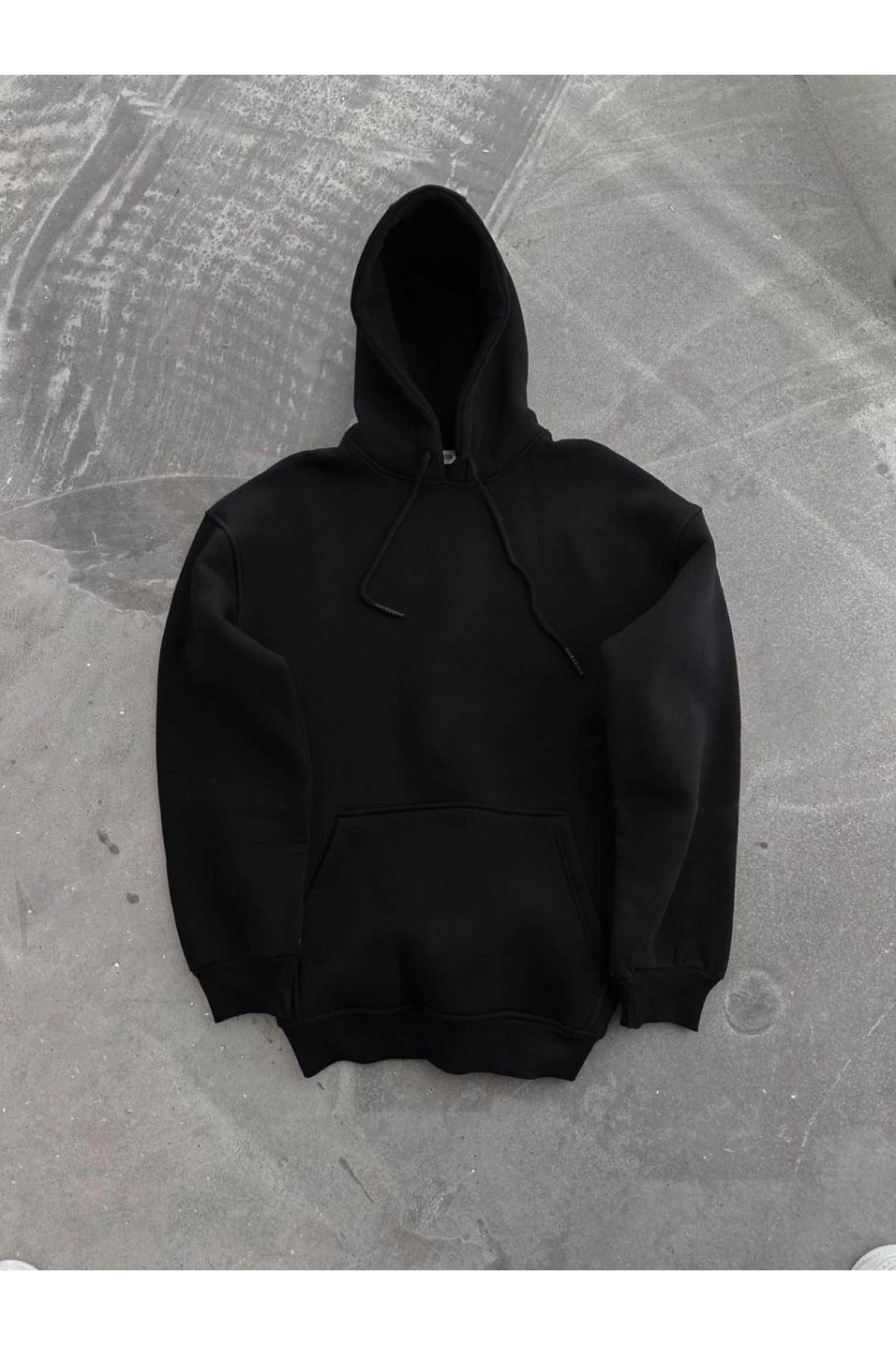 Kadın Kapüşonlu Kanguru Cepli 3 İplik Pamuklu Oversize Hoodie Sweatshirt - Siyah