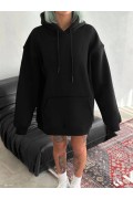 Kadın Kapüşonlu Kanguru Cepli 3 İplik Pamuklu Oversize Hoodie Sweatshirt - Siyah