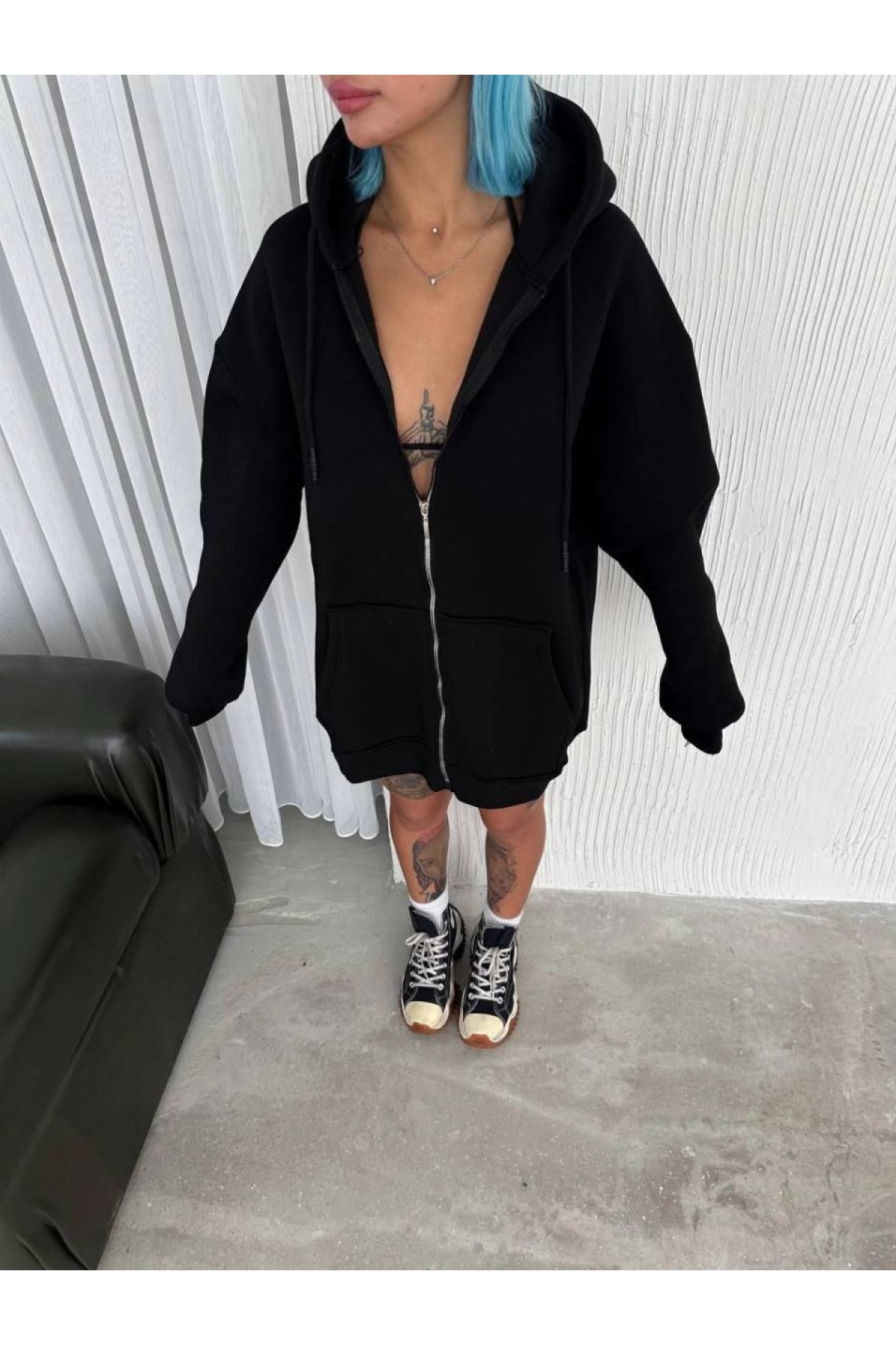 Kadın Tam Fermuarlı Cepli Kapüşonlu 3 iplik pamuklu hoodie Sweatshirt - Siyah