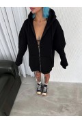 Kadın Tam Fermuarlı Cepli Kapüşonlu 3 iplik pamuklu hoodie Sweatshirt - Siyah
