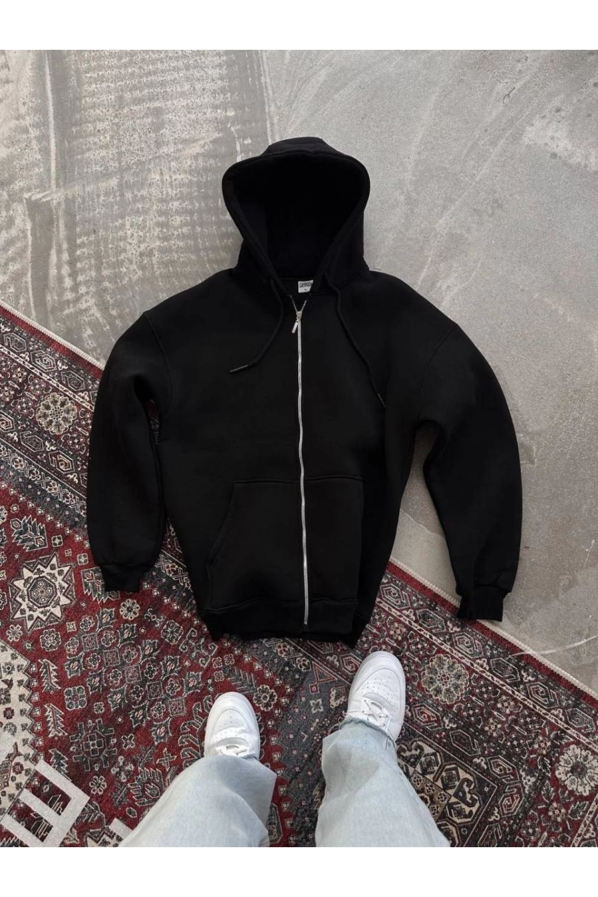 Kadın Tam Fermuarlı Cepli Kapüşonlu 3 iplik pamuklu hoodie Sweatshirt - Siyah