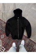 Kadın Tam Fermuarlı Cepli Kapüşonlu 3 iplik pamuklu hoodie Sweatshirt - Siyah
