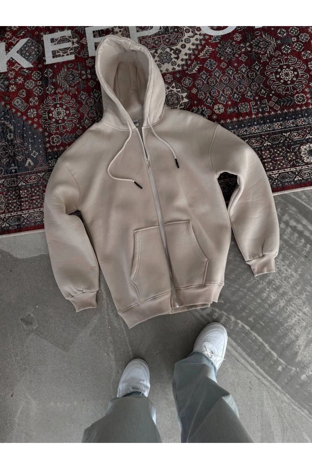 Kadın 3 İplik Pamuklu Kapüşonlu Kanguru Cepli Baskılı Oversize Hoodie Sweatshirt - Bej