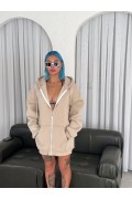 Kadın 3 İplik Pamuklu Kapüşonlu Kanguru Cepli Baskılı Oversize Hoodie Sweatshirt - Bej