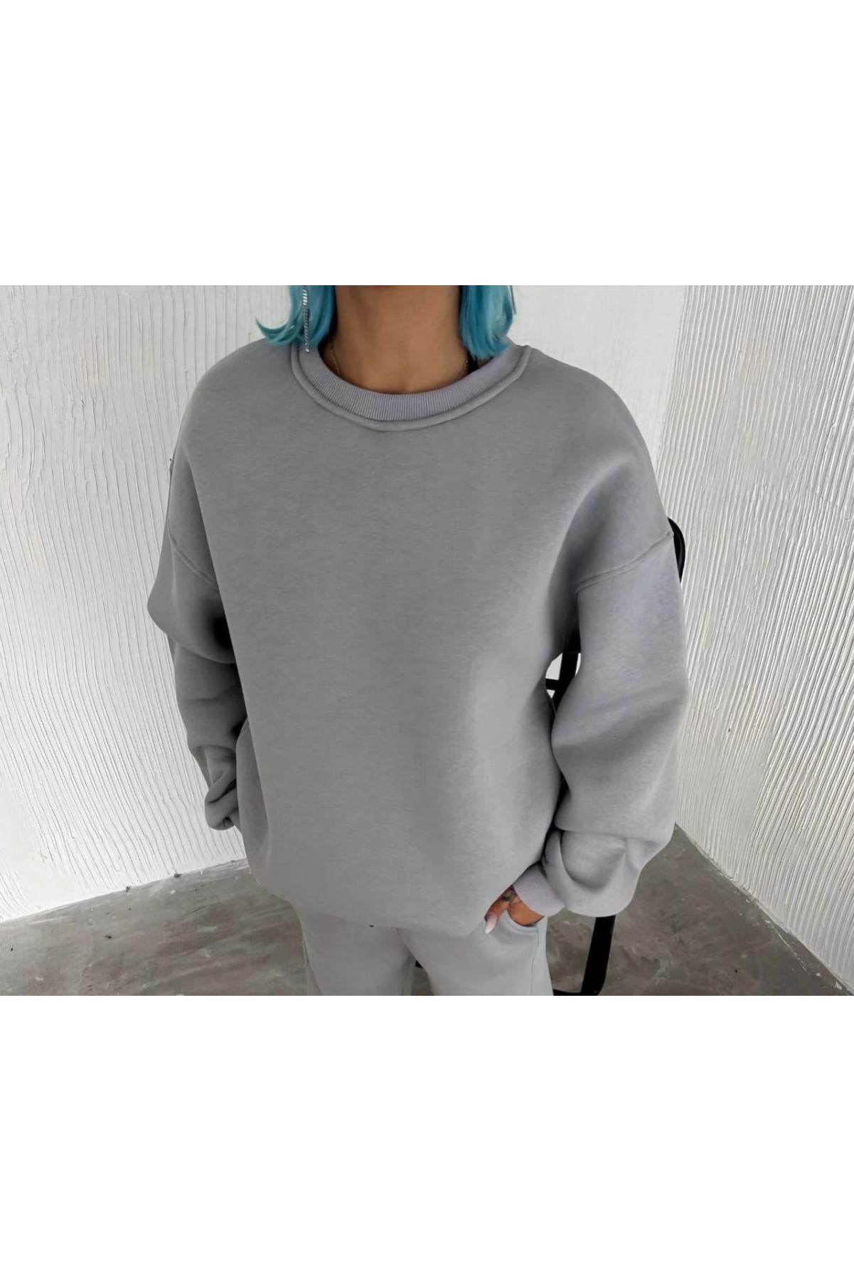 Kadın Bisiklet Yaka 3 İplik Pamuklu Basic SweatShirt - Gri
