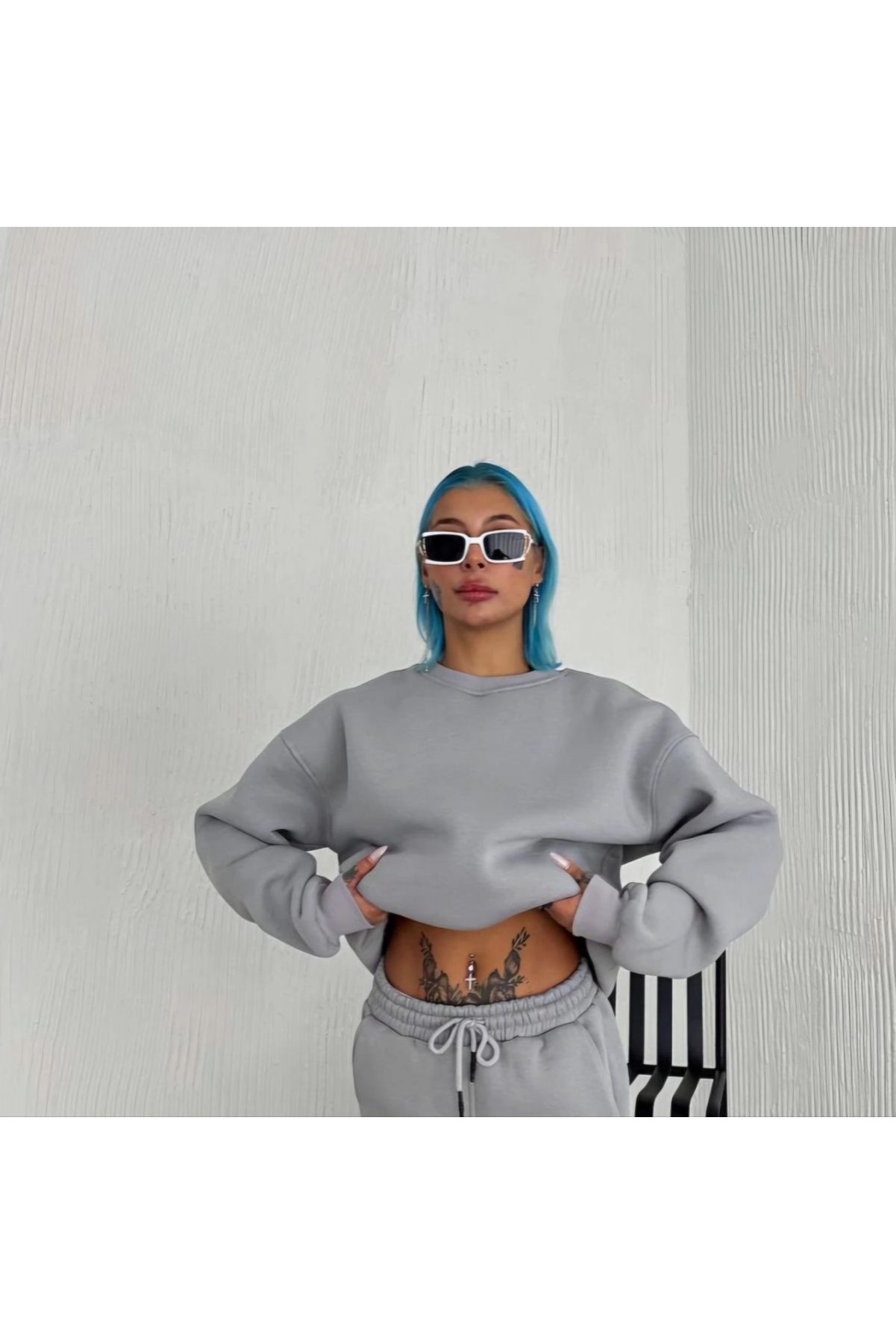 Kadın Bisiklet Yaka 3 İplik Pamuklu Basic SweatShirt - Gri