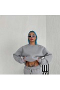 Kadın Bisiklet Yaka 3 İplik Pamuklu Basic SweatShirt - Gri