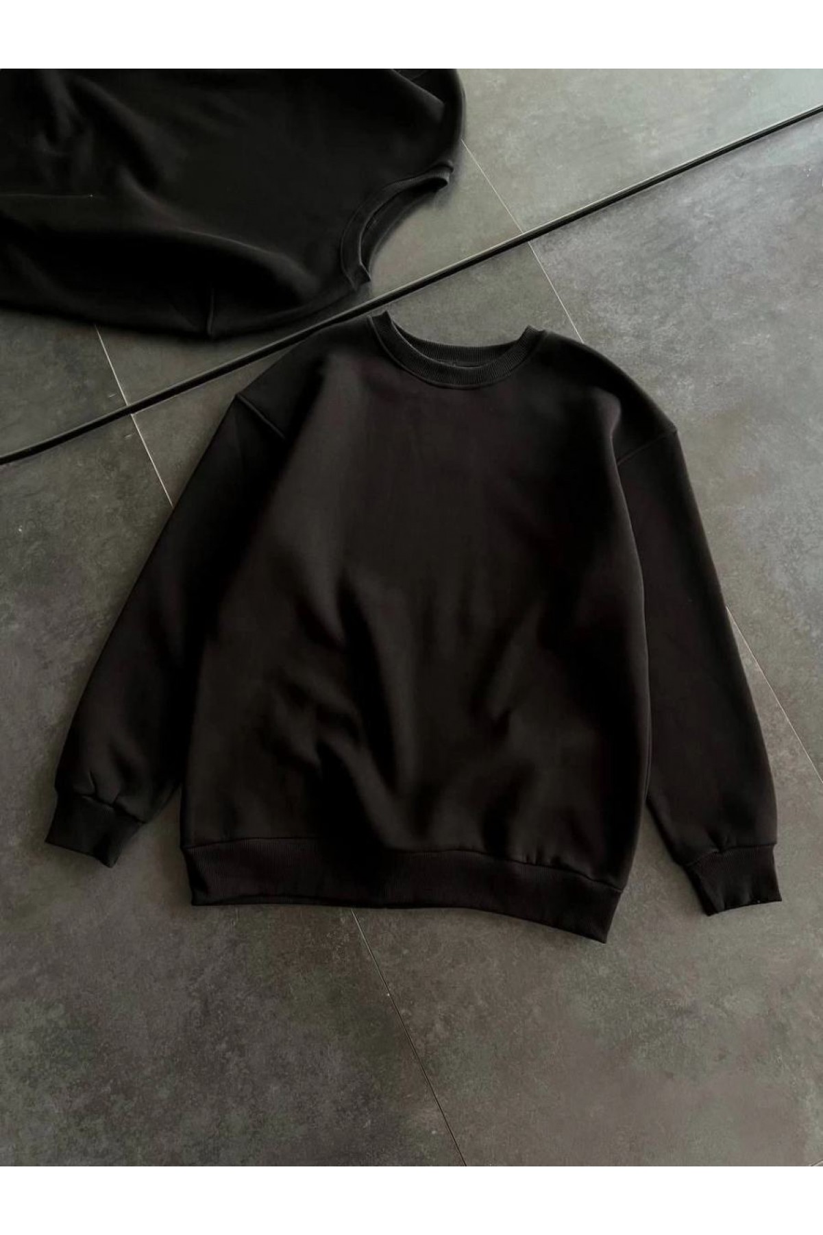Kadın Bisiklet Yaka 3 İplik Pamuklu Basic SweatShirt - Siyah