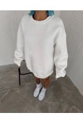 Kadın Bisiklet Yaka 3 İplik Pamuklu Basic SweatShirt - Beyaz