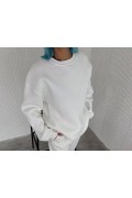 Kadın Bisiklet Yaka 3 İplik Pamuklu Basic SweatShirt - Beyaz