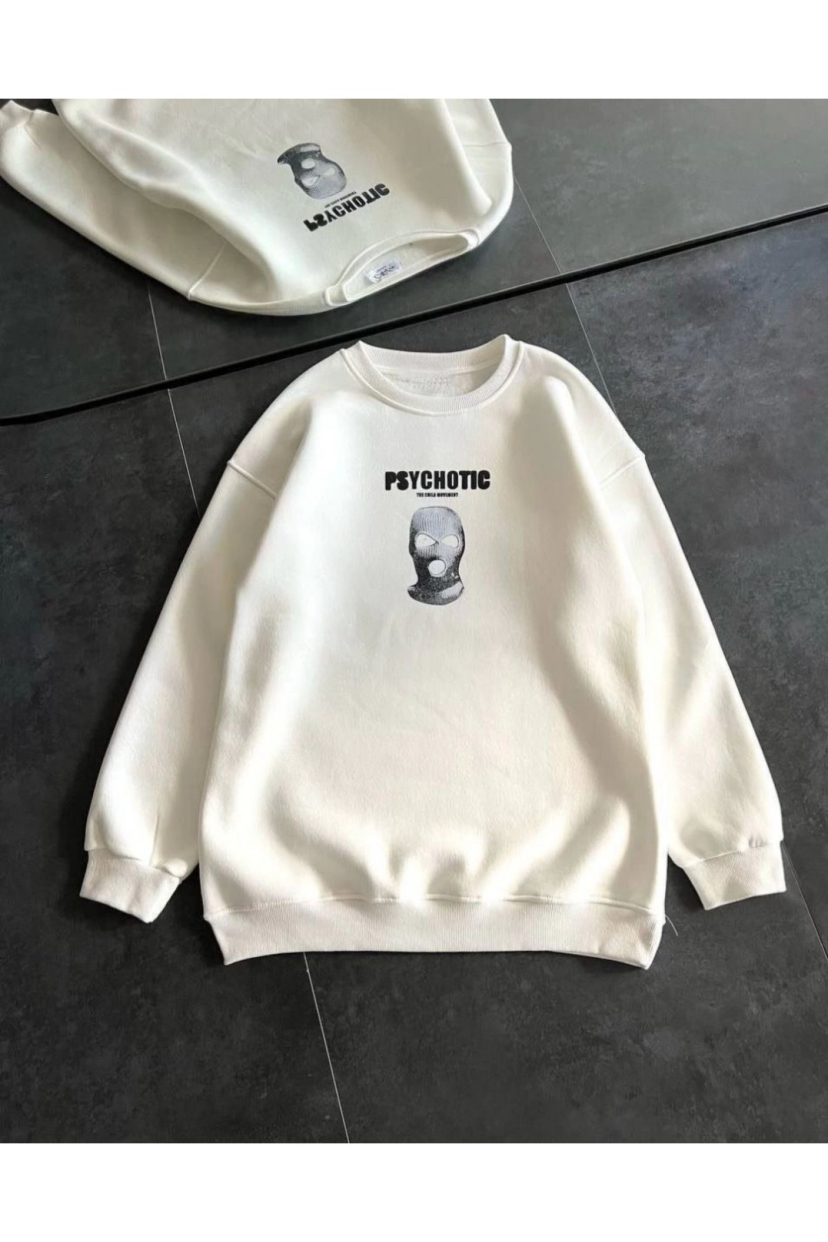 Kadın 3 iplik Kışlık Bisiklet Yaka Baskılı SweatShirt - Beyaz
