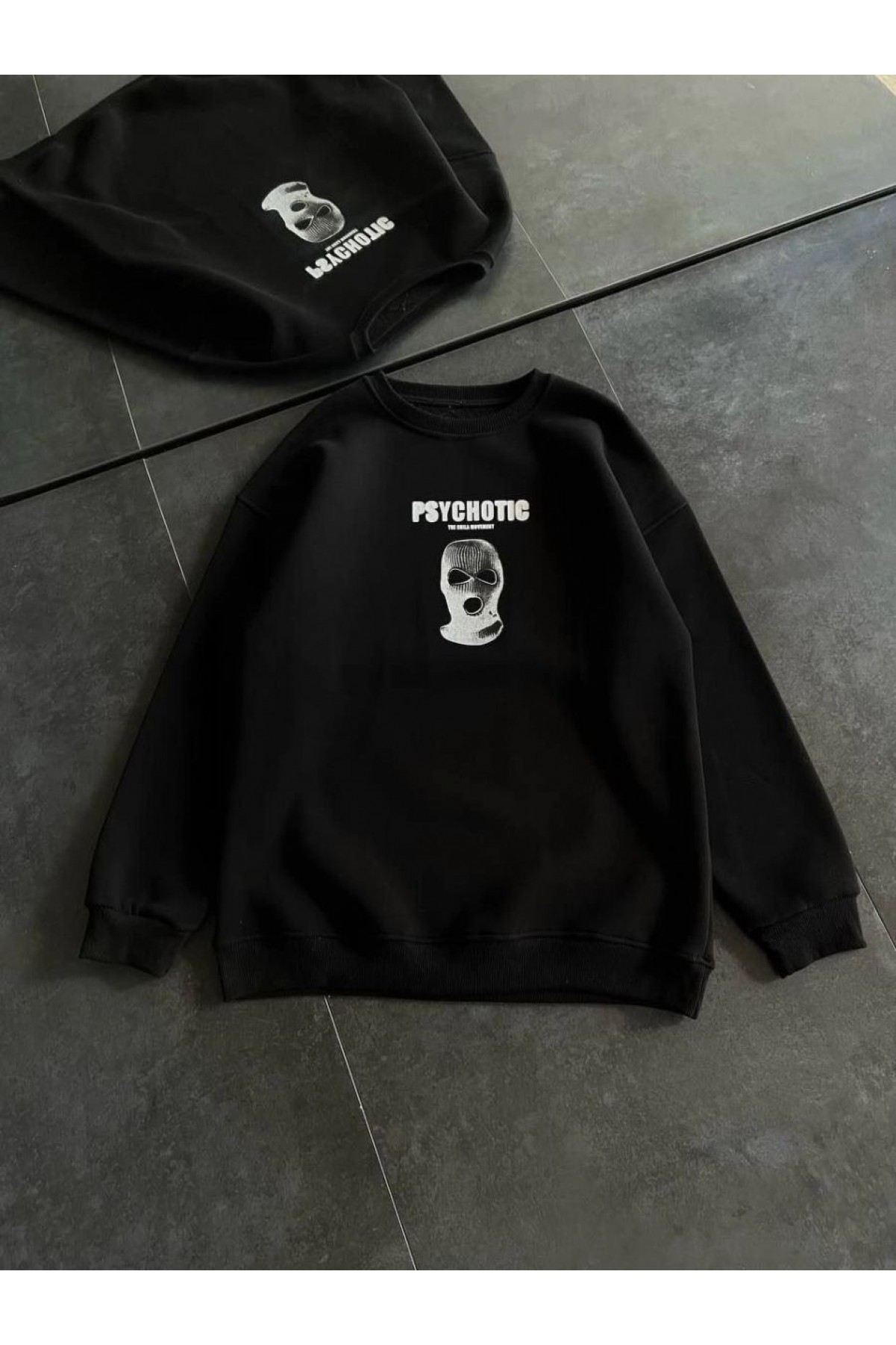 Kadın 3 iplik Kışlık Bisiklet Yaka Baskılı SweatShirt - Siyah